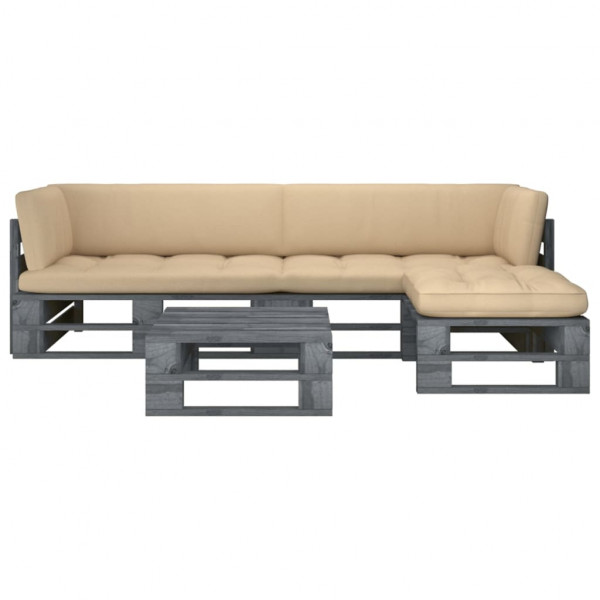 4 pcs conj. lounge paletes c/ almofadões pinho impregnado cinza D