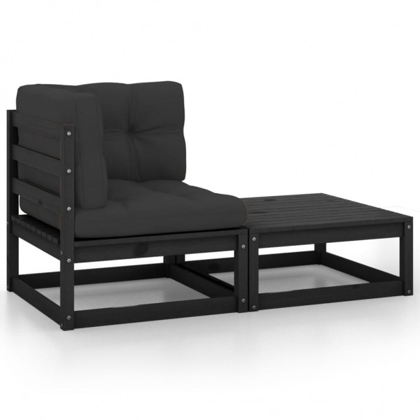 2 pcs conjunto lounge jardim c/ almofadões pinho maciço preto D