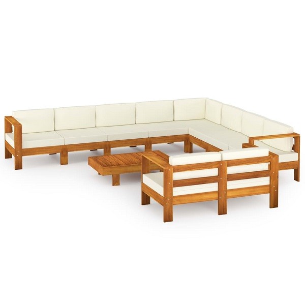 10 pcs conj. lounge de jardim c/ almofadões branco nata acácia D