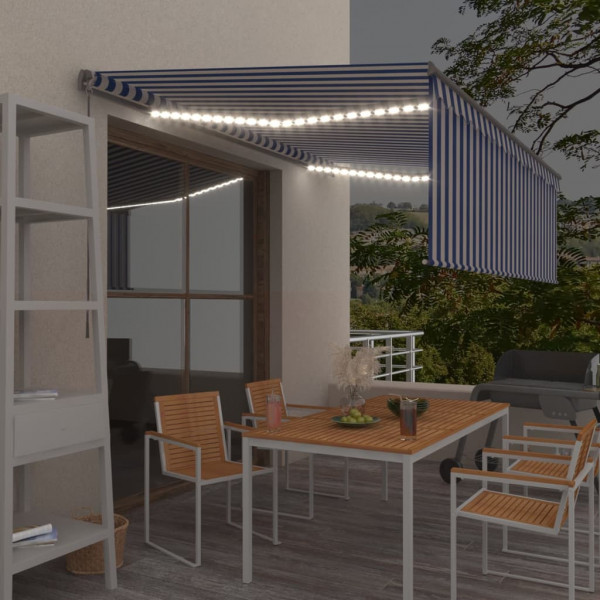 Toldo manual retráctil con persiana y LED azul y blanco 4.5x3 m D