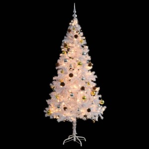 Árbol de Navidad preiluminado con luces y bolas blanco 180 cm H