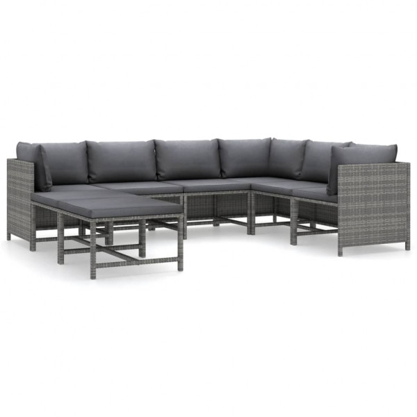 8 pcs conjunto lounge de jardim c/ almofadões vime PE cinzento D
