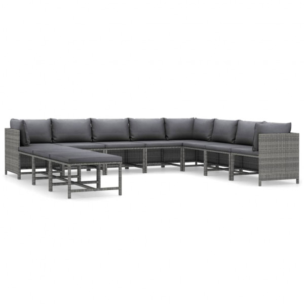 Set de muebles de jardín 11 pzas y cojines ratán sintético gris D