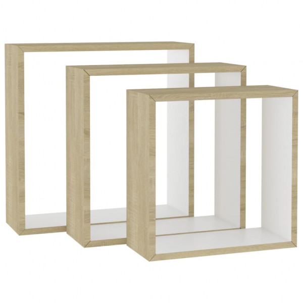 Prateleiras parede forma de cubo 3pcs cm branco/carvalho sonoma M 2