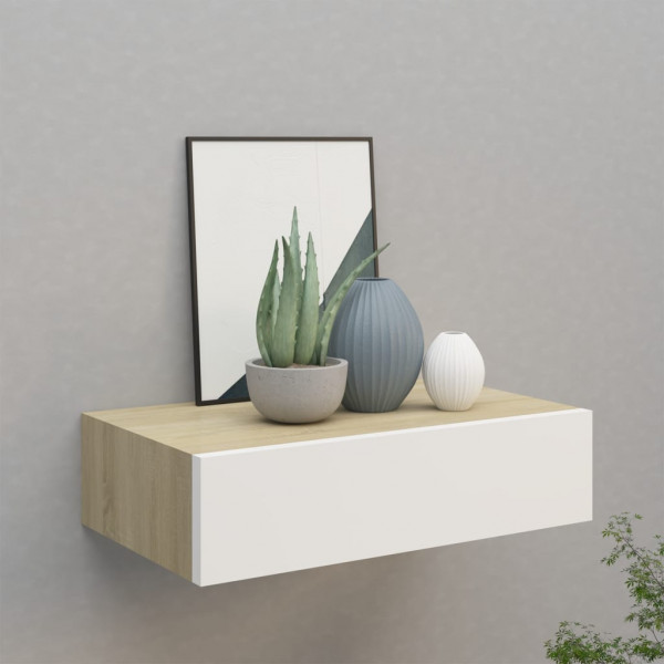 Estante con cajón de pared MDF roble y blanco 40x23.5x10 cm D