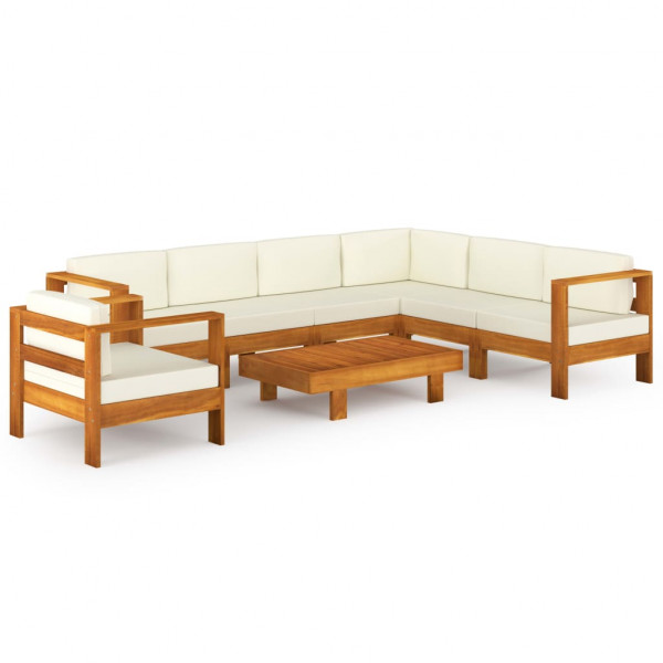 8 pcs conj. lounge de jardim c/ almofadões branco nata acácia D