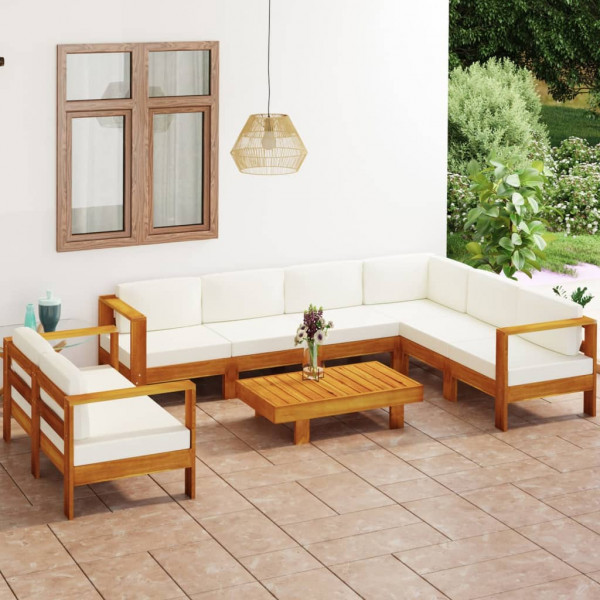 8 pcs conj. lounge de jardim c/ almofadões branco nata acácia D