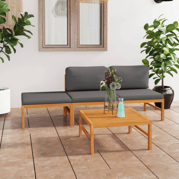 4 pcs conj. lounge jardim c/ almofadões cinzentos teca maciça D