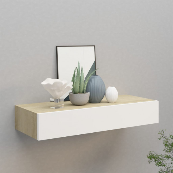 Estante con cajón de pared MDF roble y blanco 60x23.5x10 cm D