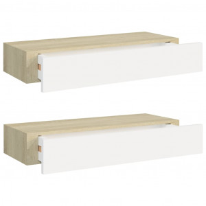 Estantes de pared con cajón 2 uds MDF roble/blanco 60x23.5x10cm H