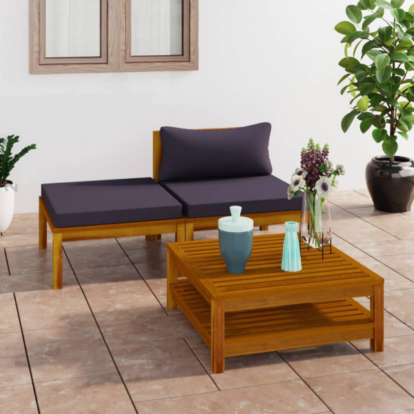 Muebles de jardín 3 pzas con cojines madera acacia gris oscuro D