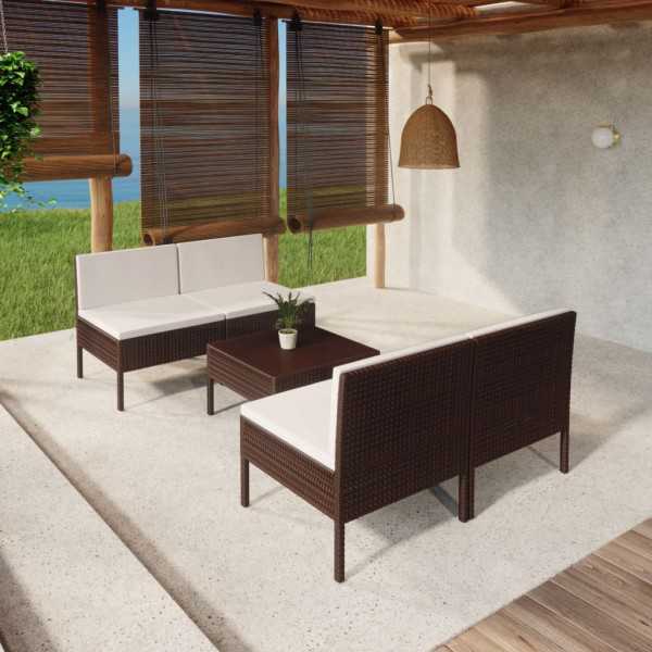 Set muebles de jardín 5 pzas y cojines ratán sintético marrón D