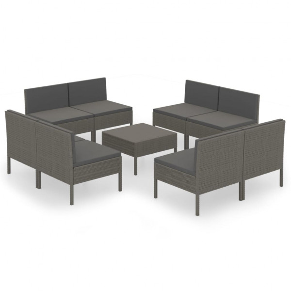 Set de muebles de jardín 9 pzas y cojines ratán sintético gris M 2