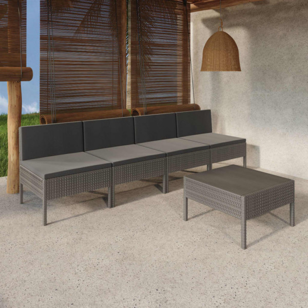 Set de muebles de jardín 5 pzas y cojines ratán sintético gris D