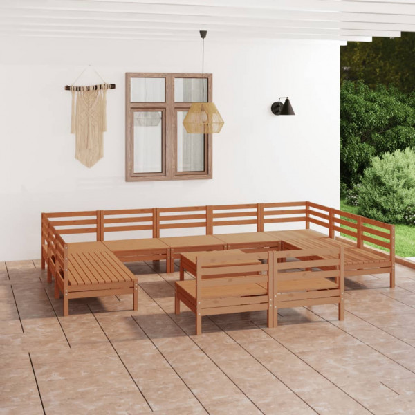 Juego muebles de jardín 12 pzas madera maciza pino marrón miel D