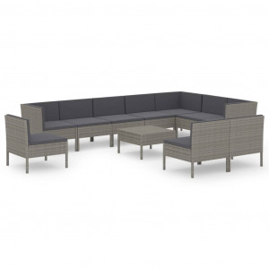 Set de muebles de jardín 11 pzas y cojines ratán sintético gris H