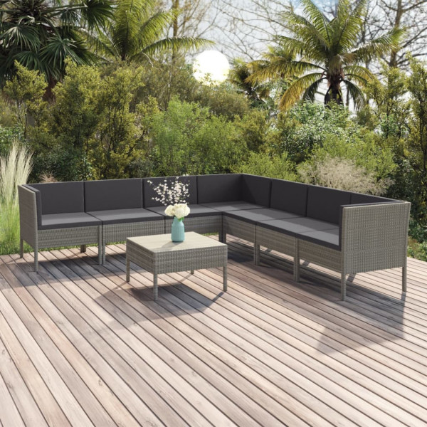 Set de muebles de jardín 8 pzas y cojines ratán sintético gris D
