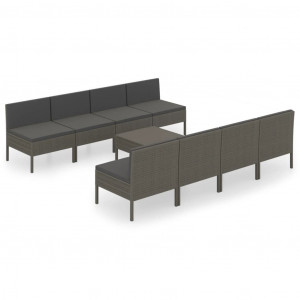 Set de muebles de jardín 9 pzas y cojines ratán sintético gris H