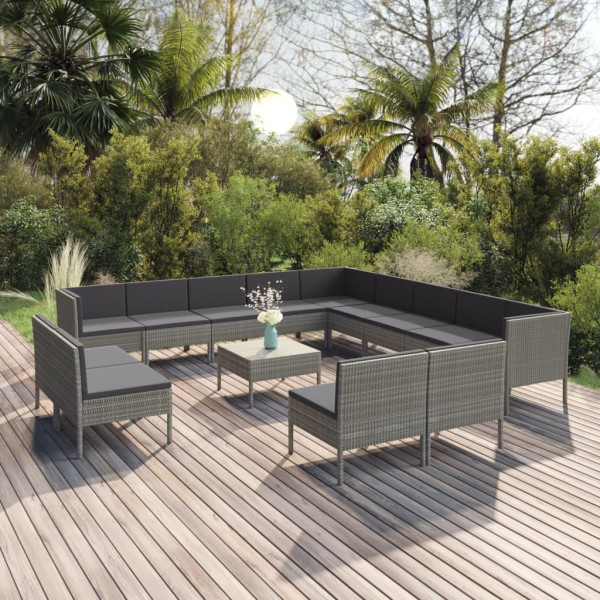 Set de muebles de jardín 14 pzas y cojines ratán sintético gris D