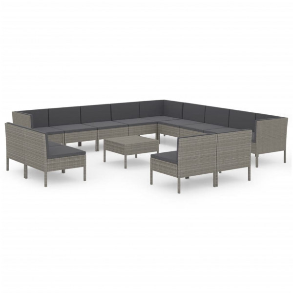 Set de muebles de jardín 14 pzas y cojines ratán sintético gris M 2