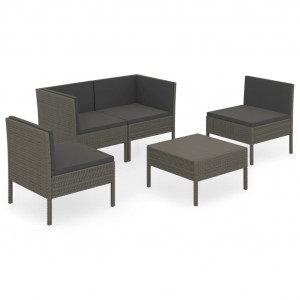 5 pcs conjunto lounge de jardim c/ almofadões vime PE cinzento H