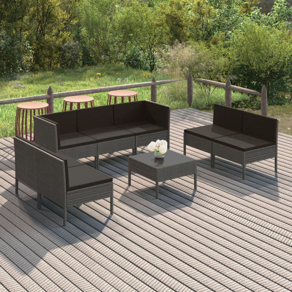 Set de muebles de jardín 8 pzas y cojines ratán sintético gris D