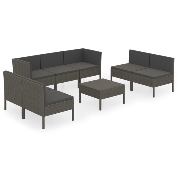 8 pcs conjunto lounge de jardim c/ almofadões vime PE cinzento M 2