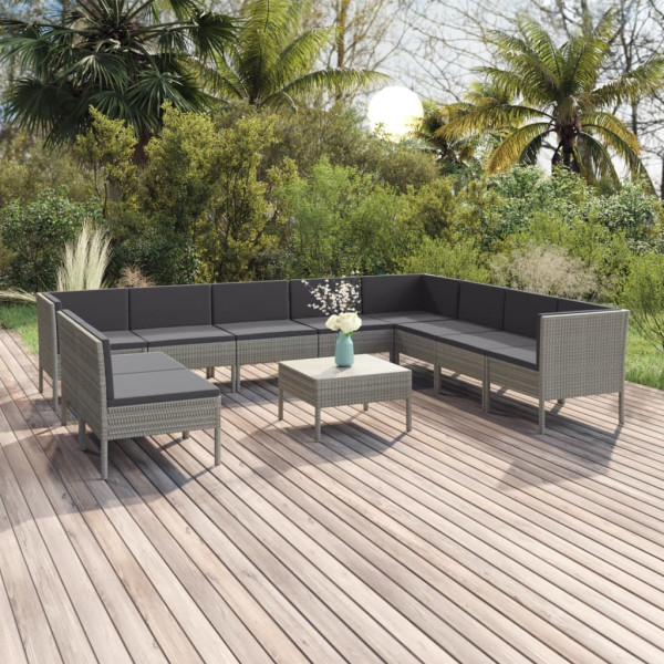 Set de muebles de jardín 11 pzas y cojines ratán sintético gris D