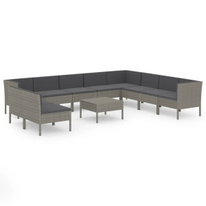 11 pcs conjunto lounge de jardim c/ almofadões vime PE cinzento H