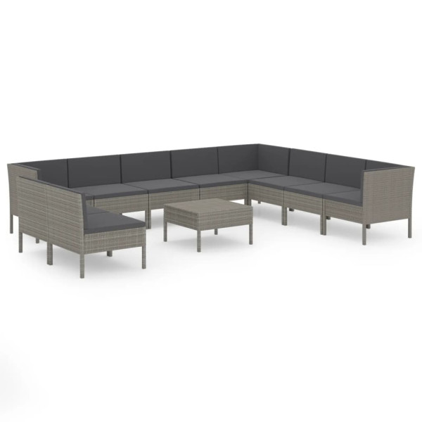 11 pcs conjunto lounge de jardim c/ almofadões vime PE cinzento M 2