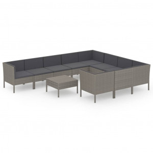 11 pcs conjunto lounge de jardim c/ almofadões vime PE cinzento H