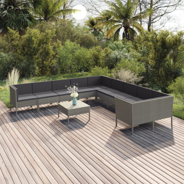 Set de muebles de jardín 11 pzas y cojines ratán sintético gris D