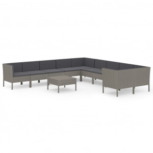 Set de muebles de jardín 11 pzas y cojines ratán sintético gris H
