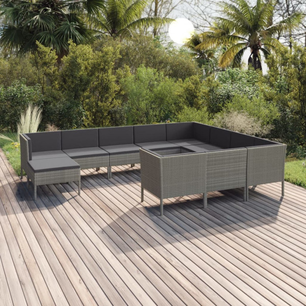 Set de muebles de jardín 11 pzas y cojines ratán sintético gris D