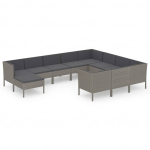 Set de muebles de jardín 11 pzas y cojines ratán sintético gris H