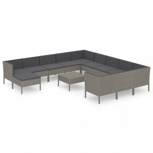 Set de muebles de jardín 13 pzas y cojines ratán sintético gris H