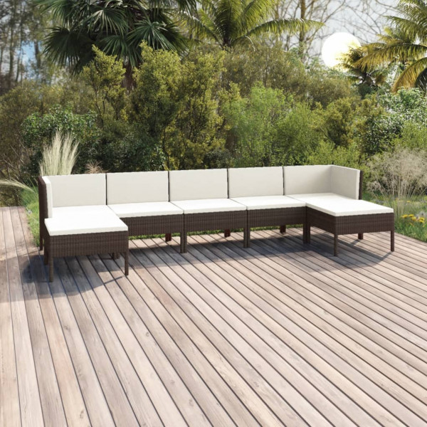 Set muebles de jardín 7 piezas cojines ratán sintético marrón D