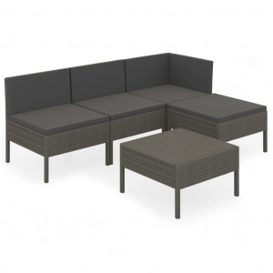 5 pcs conjunto lounge de jardim c/ almofadões vime PE cinzento H