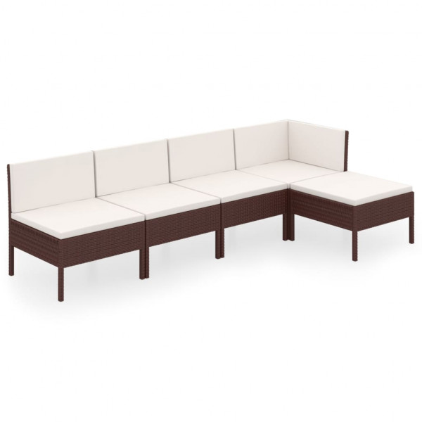 5 pcs conjunto lounge jardim c/ almofadões vime PE castanho M 2