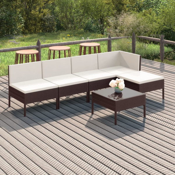 Set muebles de jardín 6 pzas y cojines ratán sintético marrón D