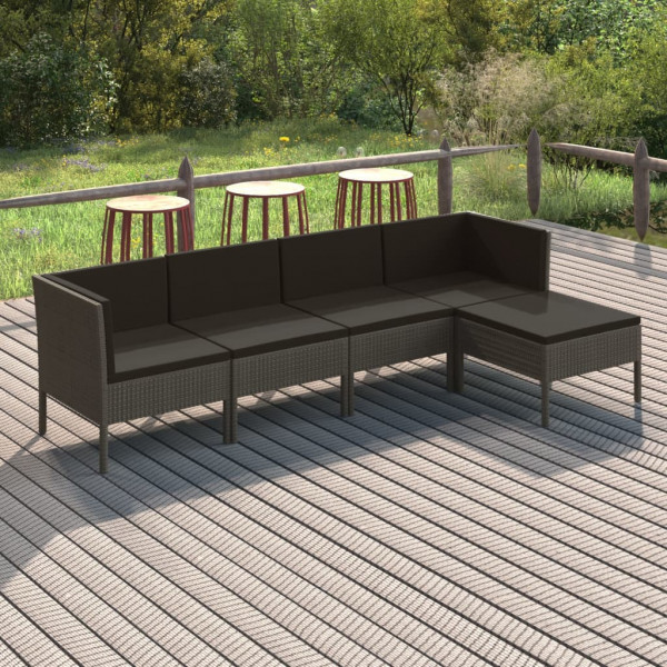 5 pcs conjunto lounge de jardim c/ almofadões vime PE cinzento D