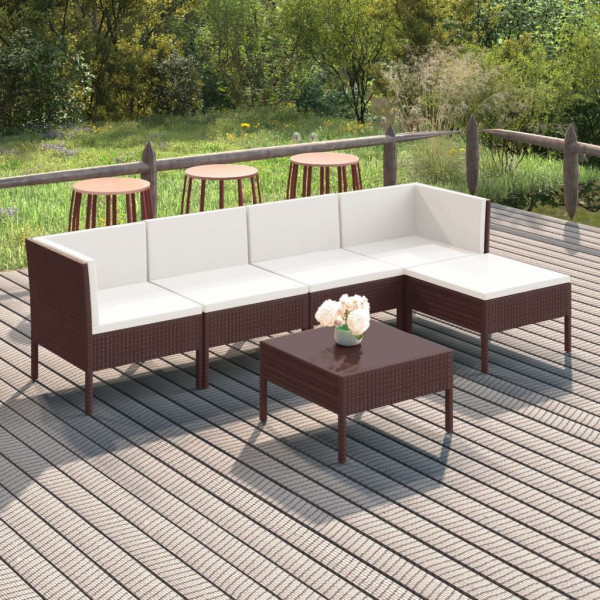 Set muebles de jardín 6 pzas y cojines ratán sintético marrón D