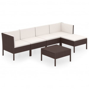 Set muebles de jardín 6 pzas y cojines ratán sintético marrón H