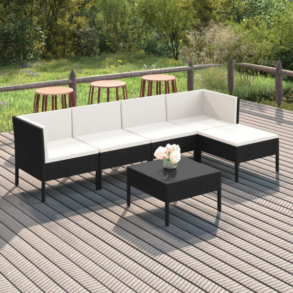 Set de muebles de jardín 6 pzas y cojines ratán sintético negro D