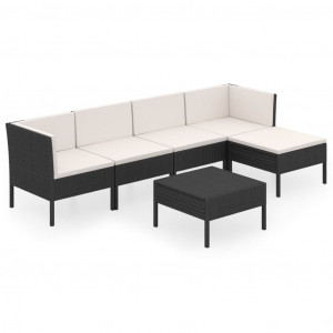 6 pcs conjunto lounge de jardim c/ almofadões vime PE preto H