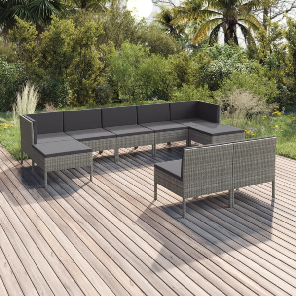 Set de muebles de jardín 9 pzas y cojines ratán sintético gris D