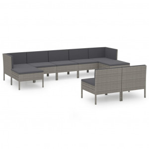 Set de muebles de jardín 9 pzas y cojines ratán sintético gris H