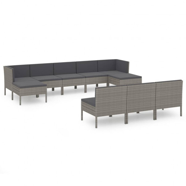 Set de muebles de jardín 10 pzas y cojines ratán sintético gris M 2