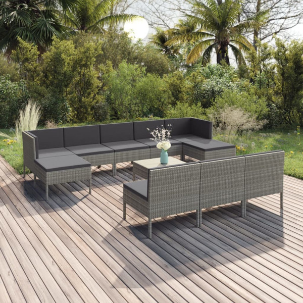Set de muebles de jardín 11 pzas y cojines ratán sintético gris D