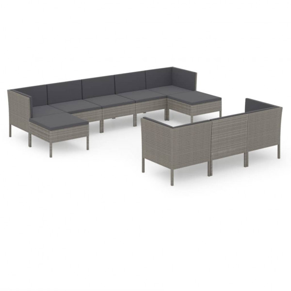 Set de muebles de jardín 10 pzas y cojines ratán sintético gris M 2